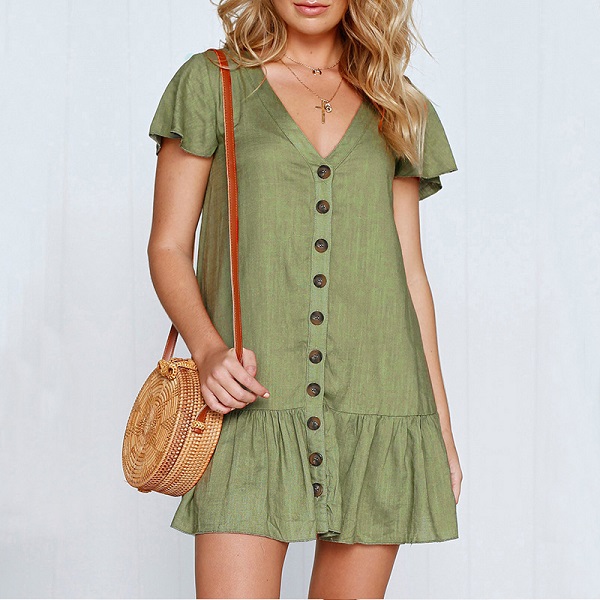 Casual Dresses Women Vintage Ruffle Button A-line Mini Dress Sexy V Neck Solid Loose Short Fashion Summer Elegant Party