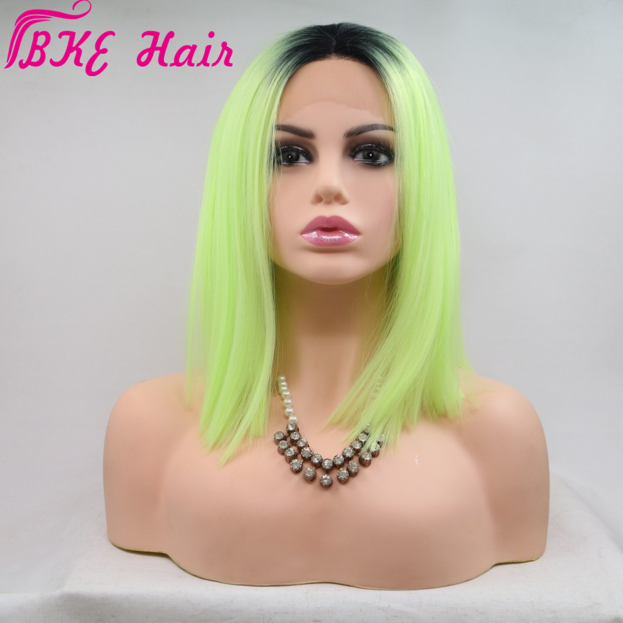 Deep middle part lace frontal Bob Wig Ombre light green color Wigs With Baby Hair short Straight synthetic Lace Front Wig Pre Plucked