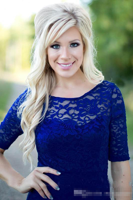 Royal Blue 2019 Lace Mermaid Bridesmaid Dresses With Short Sleeves Scoop Neck Floor Length Backless Maid Of Honor Gown For Country Wedding