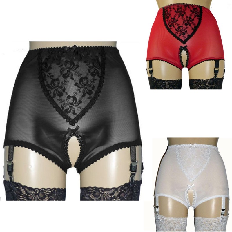 Sexy Women Open Crotch Shorts with 4-Metal Buckles Short Straps Lace and Mesh Lingerie Suspender Elastic Garter Belt with Satin Bows S-XXL