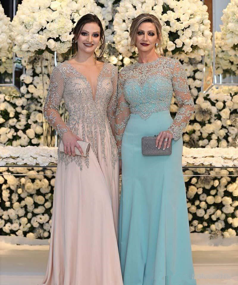 Luxury Beaded Plus Size Mother Of the Bride Groom Dresses with Long Sleeve 2019 Blush Pink Mint Mother Formal Occasion Prom Gowns