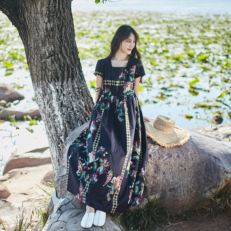 Summer Asian casual dress light thin cotton hemp lace waist closing Dress temperament square collar short sleeve big swing Robe