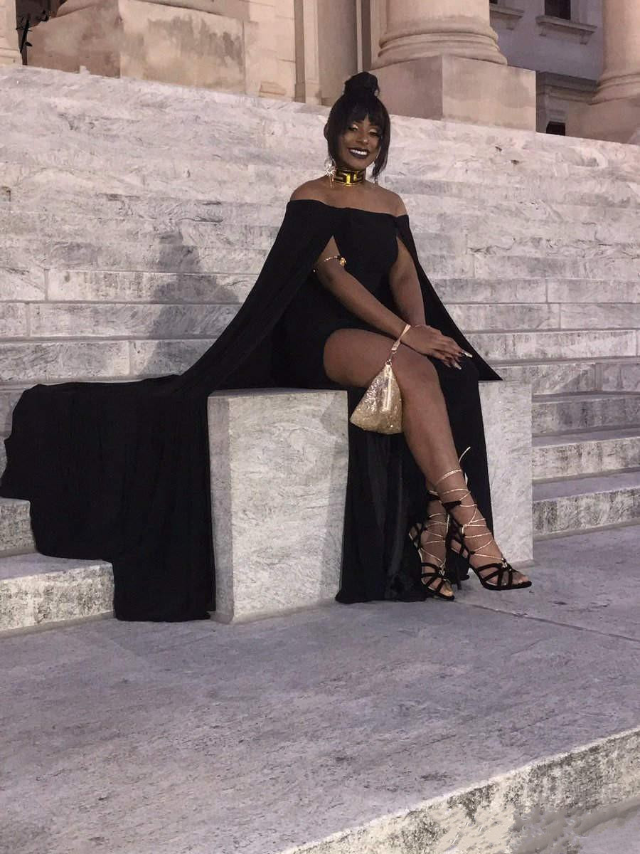 sexy black long prom dresses with cape high side split off the shoulder elegant african party women mermaid evening dress