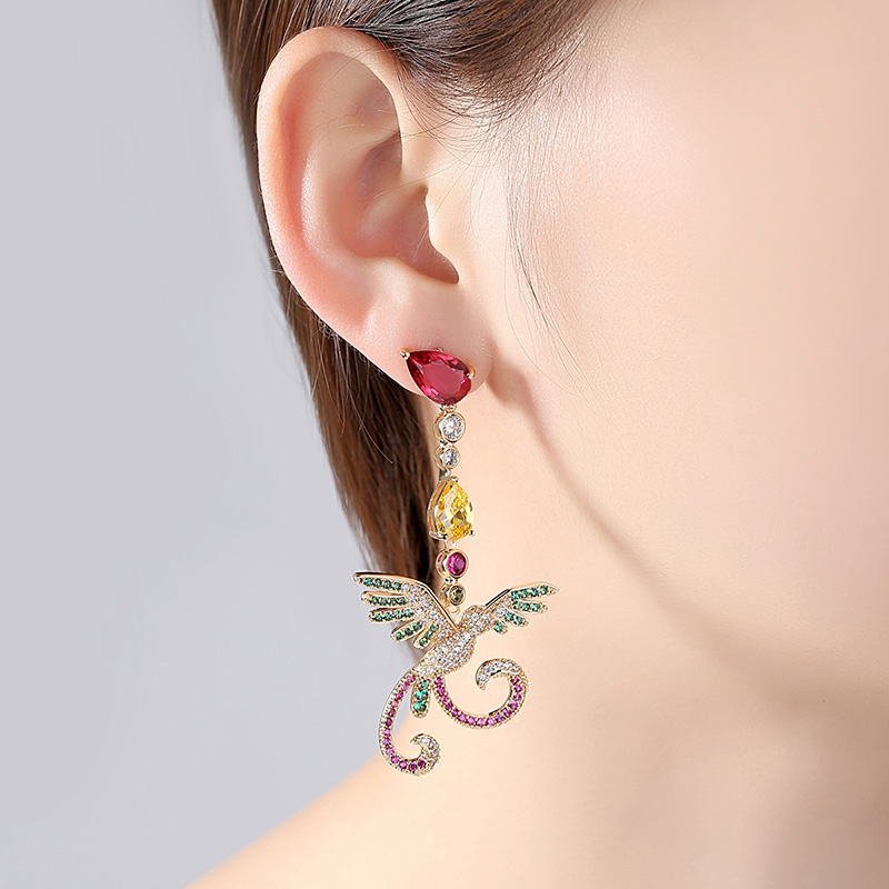 Bling Colorful Zircon Drop Earrings Chinese Phoenix Fine Jewelry Wedding Dangle Earrings for Women Gril Gift