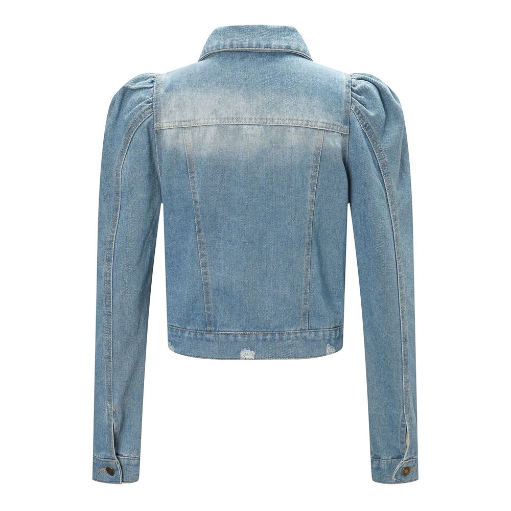 2020 Spring New Puff Sleeve Crop Denim Jackets Women Turn Down Collar Buttons Frayed Ripped Hole Jean Coat Pockets Bomber Jacket T200111
