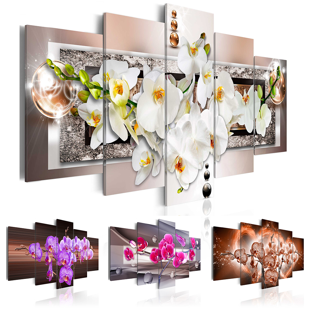 5PCS/Set Orchid Flower Art Print Frameless Canvas Painting Wall Picture Home Decoration No Frame(Color: Multicolor)