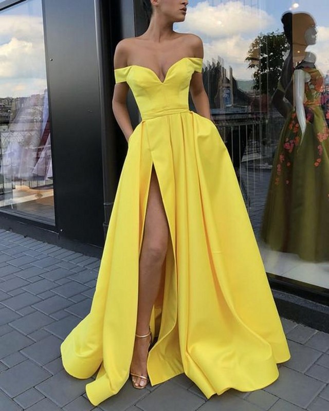 Yellow Evening Dresses with Pockets A-line V-neck Off Shoulder Slit Islamic Dubai Saudi Arabic Long Elegant pageant Evening Gown