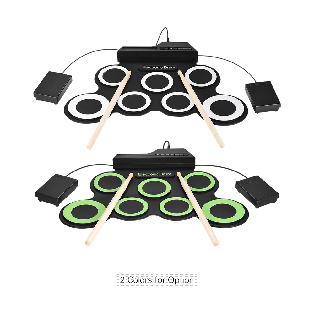 Portable Electronic Drum Digital USB 7 Pads Roll Drum Set Silicone Electric Drum Pillow Kit with Drumsticks Foot Pedal