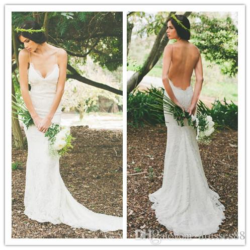 Katie May 2019 Sexy Backless Summer Holiday Boho Wedding Dresses Lace Spaghetti Sheath Garden Beach Bohemian Sheer Bridal Wedding Gowns
