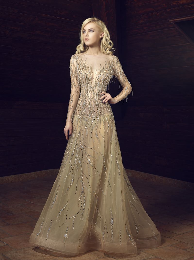 2019 Gold Mermaid Prom Dresses Luxury Crystals Sequined Tulle V Neck Evening Dress Tony Chaaya Long Sleeve Tassels Formal Party Gowns