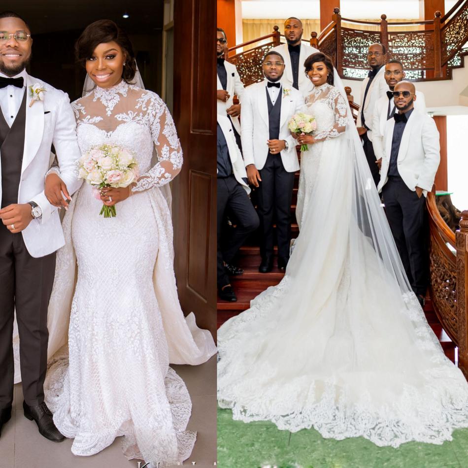 white wedding dresses high neck long sleeves plus size bridal gowns sweep train lace mermaid wedding dress cheap