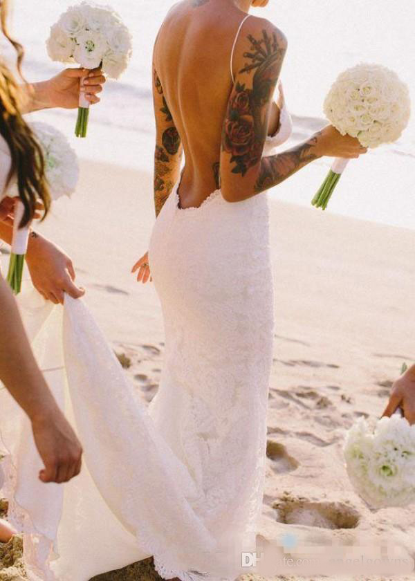 Sexy Backless Beach Boho Mermaid Wedding Dresses New 2020 Spaghetti Straps Sleeveless Romantic Full Lace Open Back Country Bridal Gowns