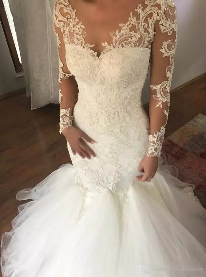 Back Sexy Illusion Mermaid Dresses V Neck Long Sleeves Lace Applique Sweep Train Trumpet Bridal Bech Wedding Gown Vestido De Novia estido