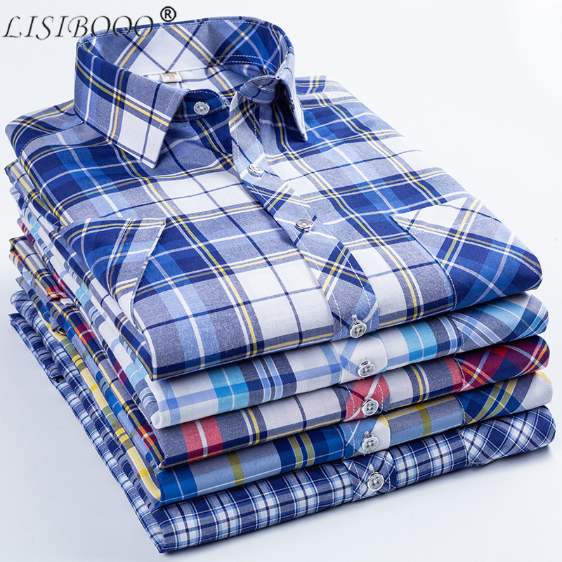 LISIBOOO New Fashion Spring and Summer Mens Short Sleeve Shirt Slim Flt Men Casual Business Dress Shirt Male Plaid
