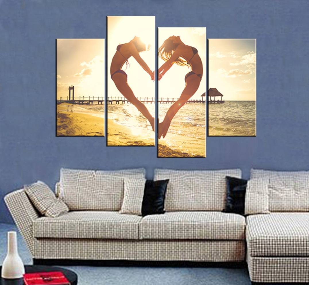 Wall Art Painting Picture HD Print Seaside Sun Jump Heart Unframed Canvas For Home Decoration