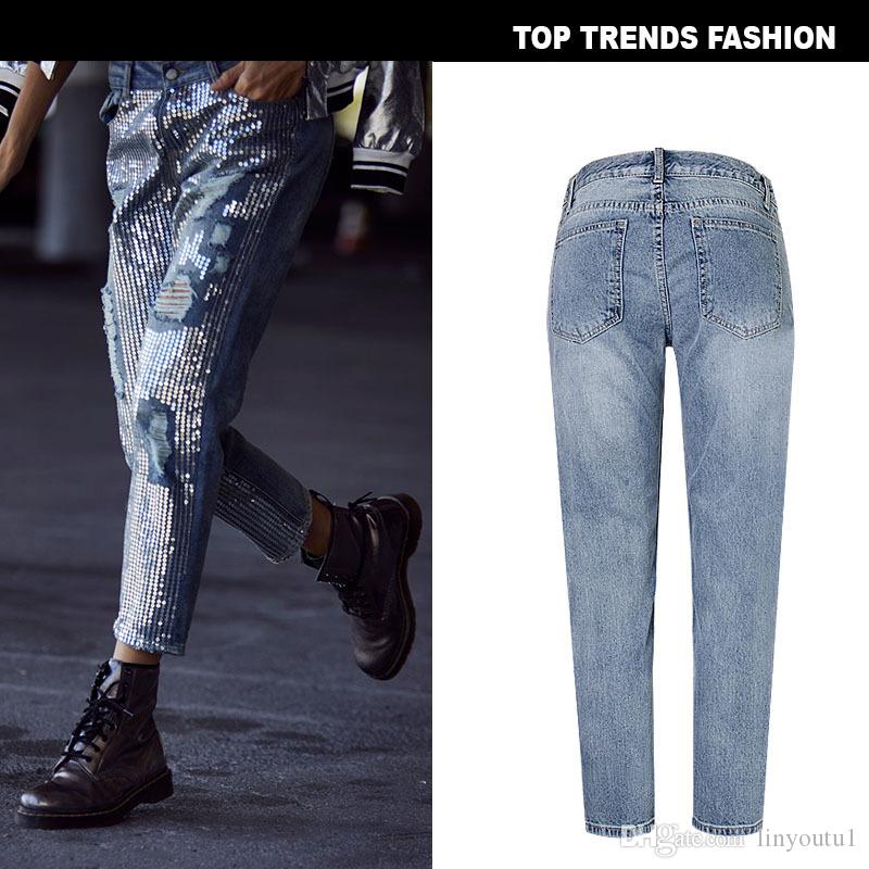 2020 Vintage Sequins Mom Jeans Boyfriend Ripped Jeans For Women Skinny Jeans Woman High Wais Denim Loose Large Sizes Female