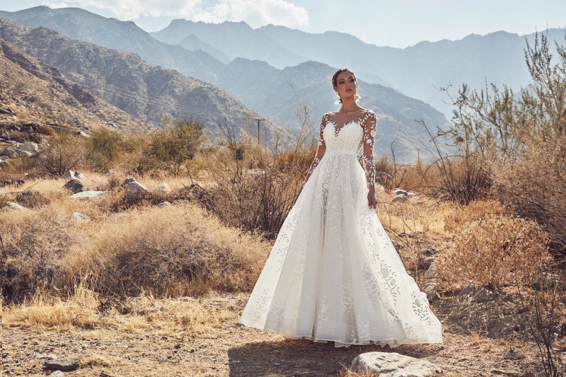 Calla Blanche 2019 Long Sleeve Wedding Dresses Lace Appliqued Sheer Neck Bridal Gowns For Beach Gardens Backless Sweep Train Wedding Dress