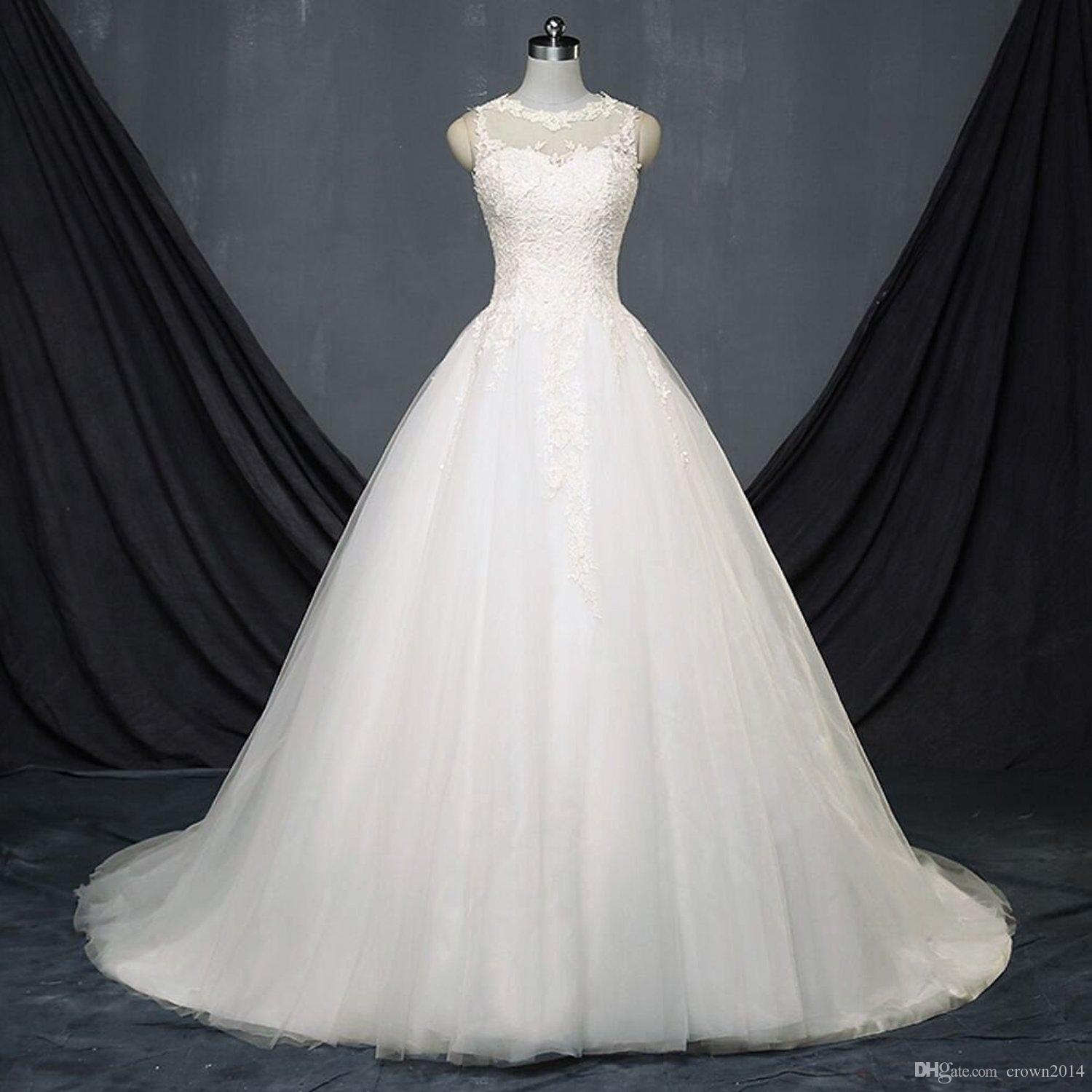 Princess White Wedding Dresses Gown Sheer Jewel Neck Lace Applique Backless Tulle A-Line Wedding Bridal Gowns Plus Size Custom Made