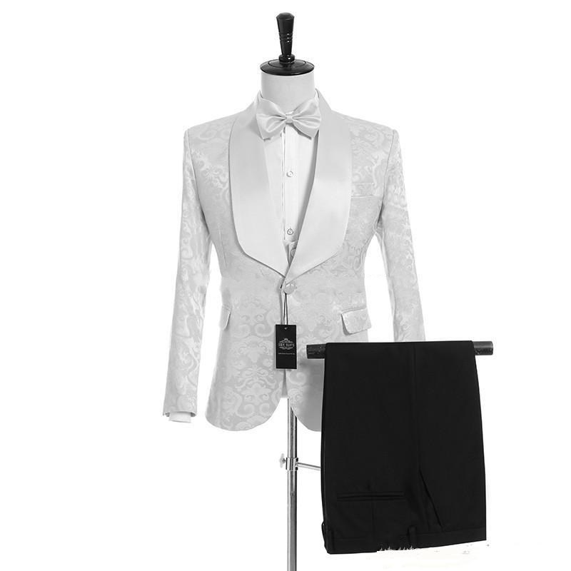 New Arrival One Button White Embossing Wedding Groom Tuxedos Shawl Lapel Groomsmen Men Suits Prom Blazer (Jacket+Pants+Vest+Tie) W23