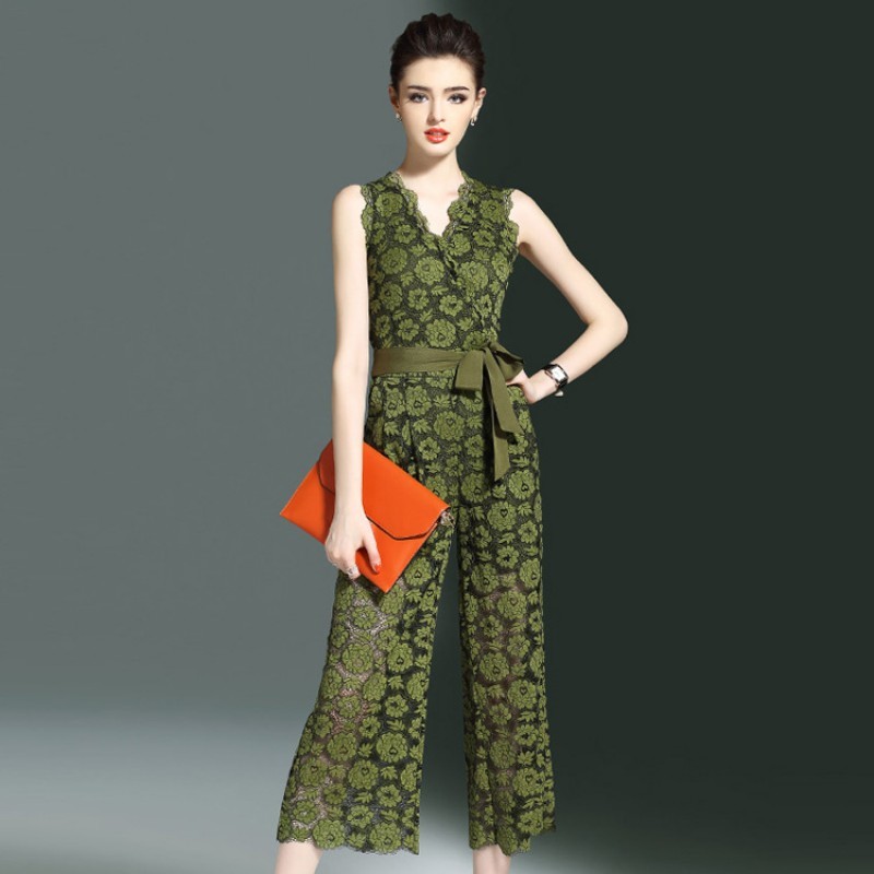 New Arrival Summer Fashion Hollow Out Floral Lace Wide Leg Jumpsuits Elegant Slim Fit Sleeveless Women Rompers, Green
New Arrival Summer Fashion Hollow Out Floral Lace Wide Leg Jumpsuits Elegant Slim Fit Sleeveless Women Rompers, Green