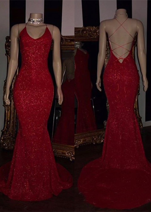 Red Sparkling Sequins Prom Dresses Mermaid Halter Backless Sweep Train Formal Party Dresses Evening Gowns Custom Size