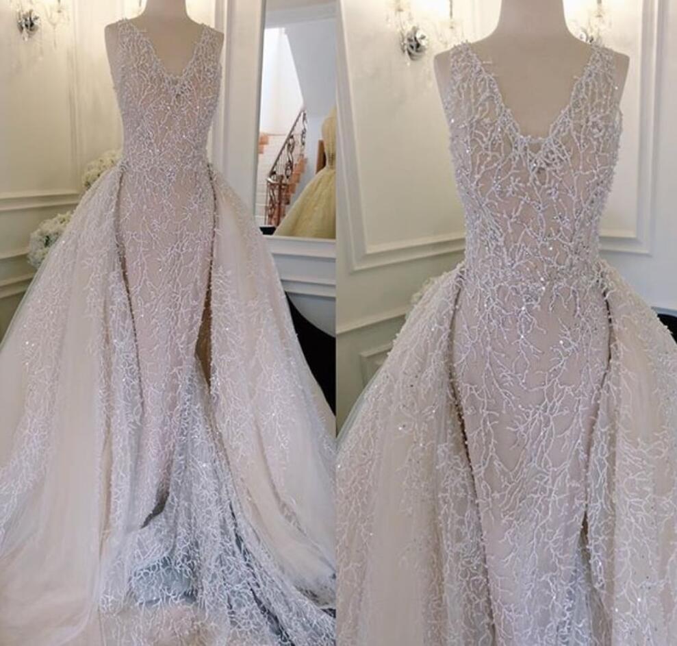 Gorgeous Evening Dresses With Detachable Skirt V Neck Lace Appliqued Beaded Gorgeous Formal Dress Custom Made Formal Party Gowns