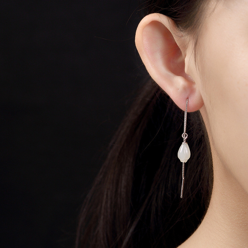 Authentic 925 Sterling Silver Drop Earrings For Women Girls Natural Handmade Long Chain Jade Flower Dangle Earring