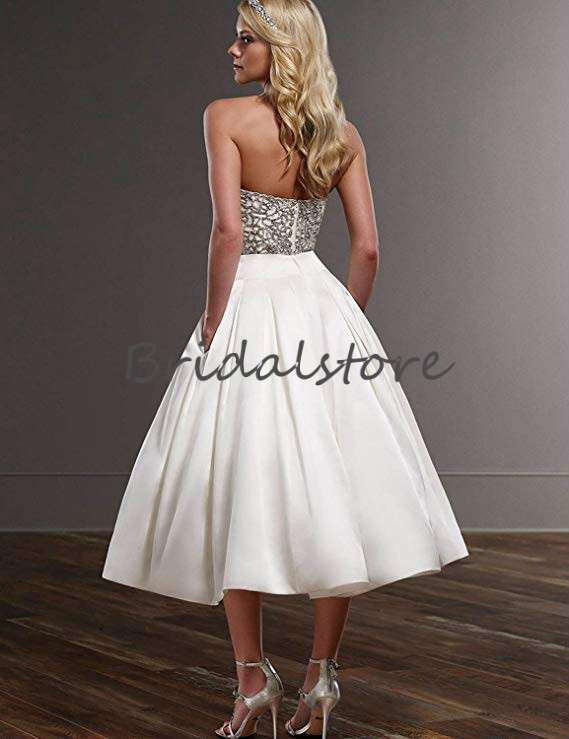 Sexy Strapless Short Wedding Dresses Elopements Sweetheart Tea Length Beaded Plus Size Country Boho Bridal Reception Gown Zipper Back Uk 50S