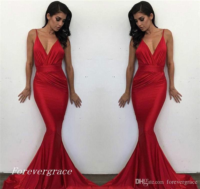 2019 Newest Sexy Deep V Neck Mermaid Prom Dress Red Sleeveless Formal Holidays Wear Graduation Evening Party Gown Custom Made Plus Size