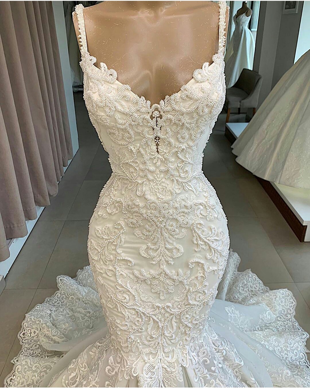 South African Mermaid Wedding Sexy Spaghetti 3D ral Applique Lace Bride Dresses Vestido De Novia Bridal Gown