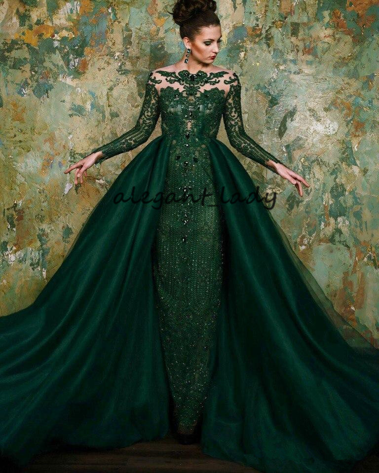 Emerald Green Occasion Evening Wear Gowns with Overskirt 2019 Full Lace Applique Beaded Long Sleeve Prom Dresses with Detachable Train