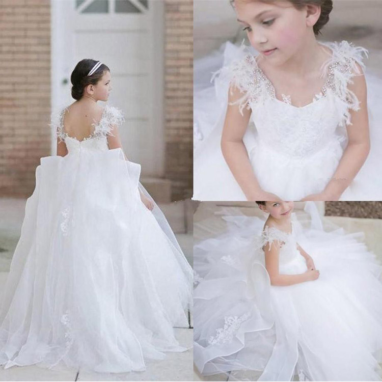 Princess White Flower Girls Dresses Puffy Feather Beaded V Neck Lace Appliques Gown Kids Birthday First Holy Communion Dresses