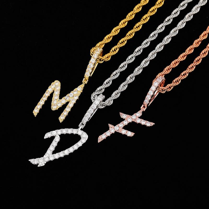 New Fashion Personalized Real Gold Bling Diamond Cursive A-Z Initial Letters Custom Name Pendant Necklace DIY Letter Jewelry for Couples
