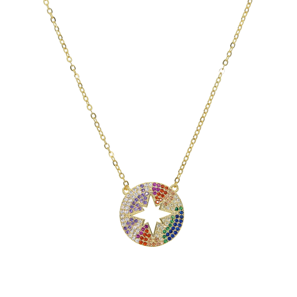 Gold plated high quality micro pave cz north star engraved rainbow colorful zirconia fashion women necklace