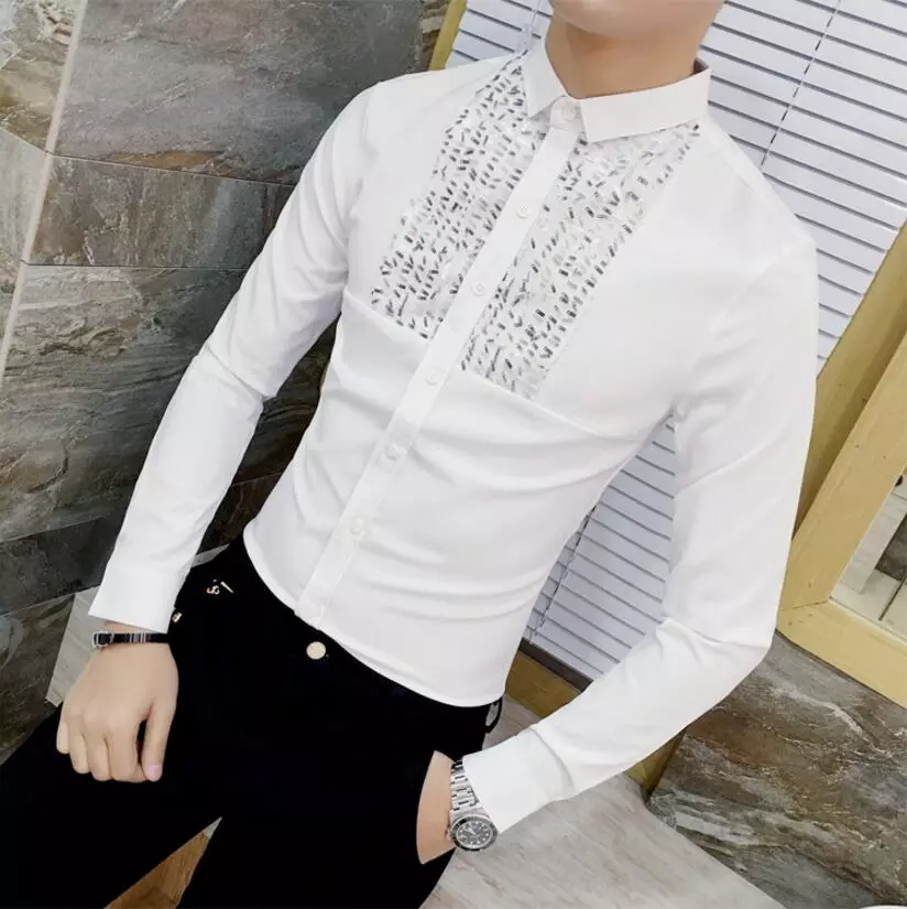 New Korean Brand Fashion Sequin Slim Fit Mens Lace Shirt Long Sleeve Men Dress Shirts Casual Designer Clothes Black White