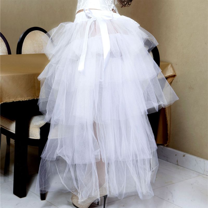 Women Tiered Mesh Tutu Skirt Sexy Club Dance Party Ruffle Ladis Long Petticoat with Big Satin Bow Female Ball Gown Hi-lo Skirts