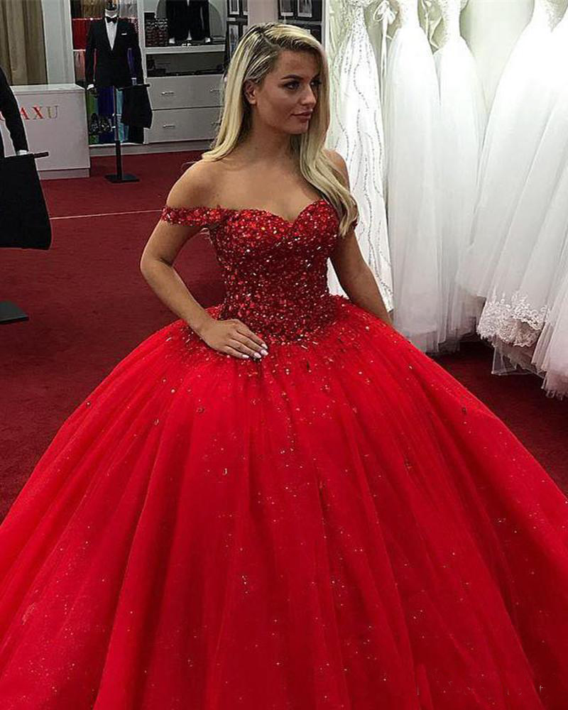 Luxury Sparkle Crystals Sweet 16 Dress Red Plus Size Off The Shoulder Corset Ball Gown Quinceanera Dresses Sequined Prom Party Wear