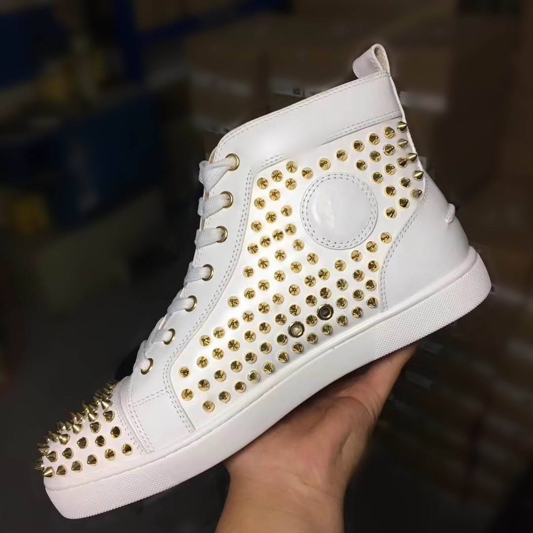 Wholesale High Quality White Genuine leather& Golden Spikes Red Bottom Sneakers Shoes Comfort High Top Women,Men Walking Fashion Flats, Black
Wholesale High Quality White Genuine leather& Golden Spikes Red Bottom Sneakers Shoes Comfort High Top Women,Men Walking Fashion Flats, Black