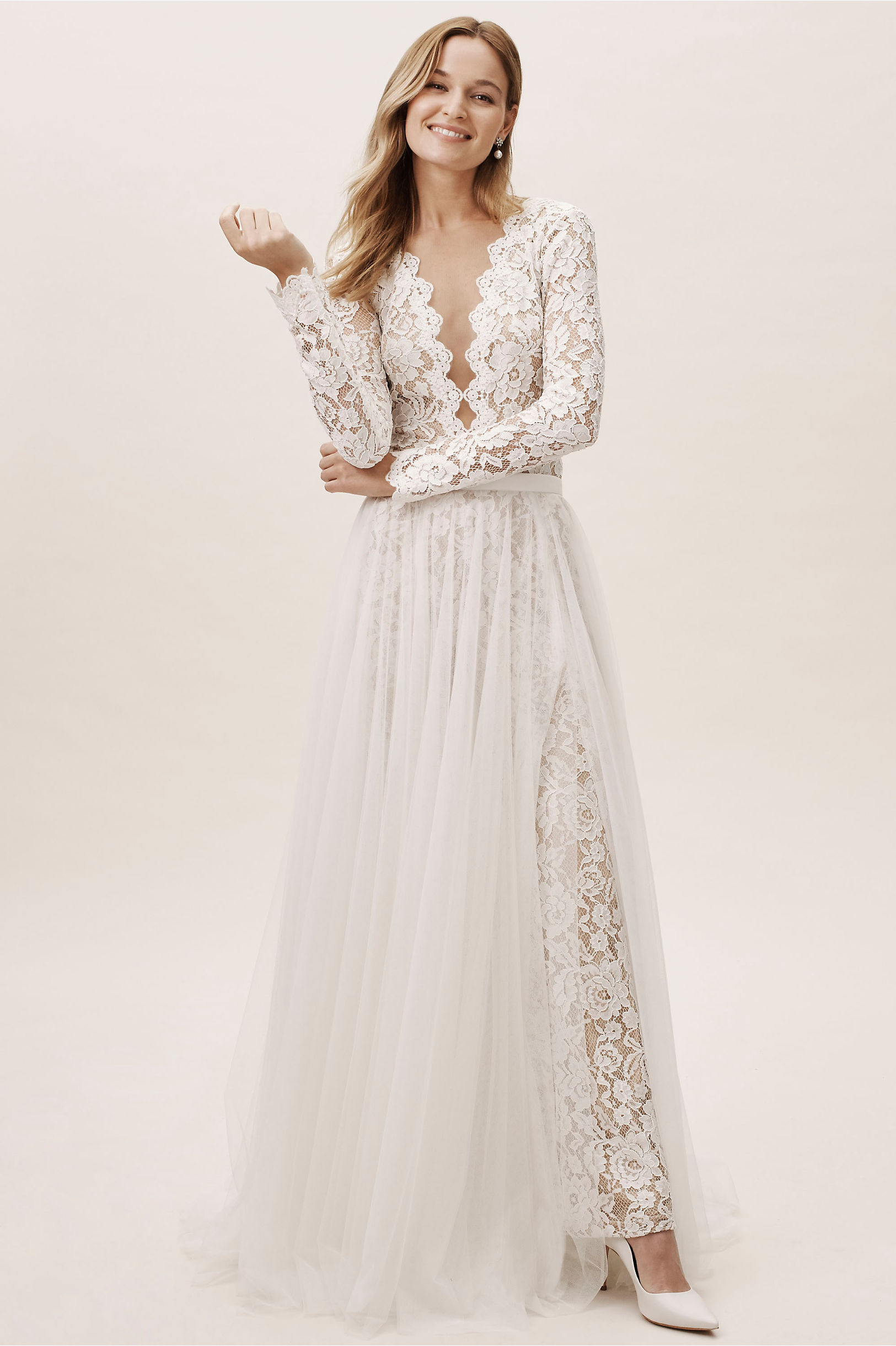 2019 Bhldn Country Wedding Dresses With Detachable Overskirts V Neck Sweep Train A Line Long Sleeves Bridal Gowns Boho Wedding Dress