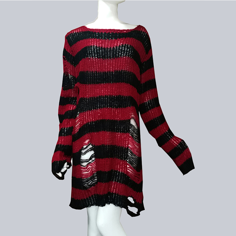 Plus Size Punk Gothic Long Unisex Sweater Dress Women Man Striped Cool Hollow Out Hole Broken Jumper Loose Rock Thin Sweter 2020 T200101