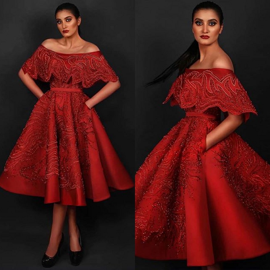 Arabic Red Prom Dresses Pearls Beaded A Line Off The Shoulder Evening Dress Custom Made Formal Cocktail Party Dress