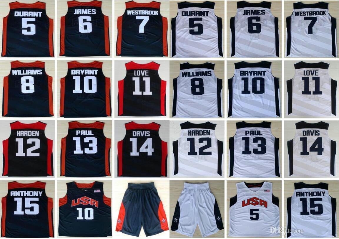 2012 Team Basketball Jerseys USA Kevin 5 Durant LeBran 6 Jamess Harden 10 K B Chris Paul Love Anthony Williams Westbrook Davis Vest