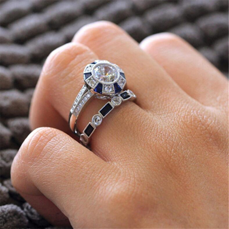 2020 Couple Rings Vintage Fashion Jewelry 925 Sterling Silver Cushion Shape Blue Sapphire CZ Diamond Gemstones Women Wedding Bridal Ring Set