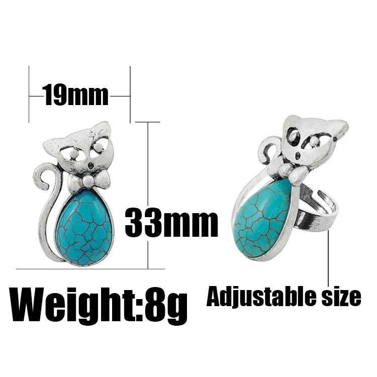 Europe and America Ring Green Pine Ancient Silver Retro Bow Kitten Shape Turquoise Female Ring
