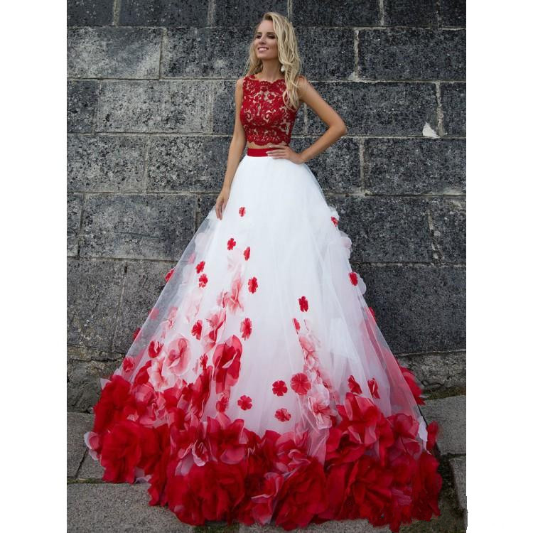 Two Pieces Red and White Prom Dresses A Line Lace Floral Flowers Evening Gowns Jewel Neck Formal Party Dress