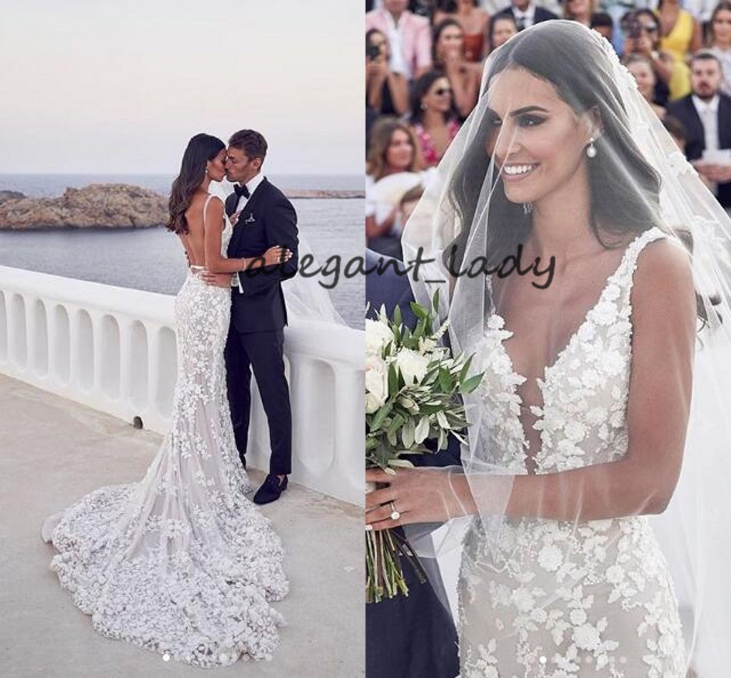 Backless Mermaid Beach Wedding Dresses 2019 V-neck 3D Lace Applique Sweep Trumpet Steven Khalil Garden Bridal Wedding Dress