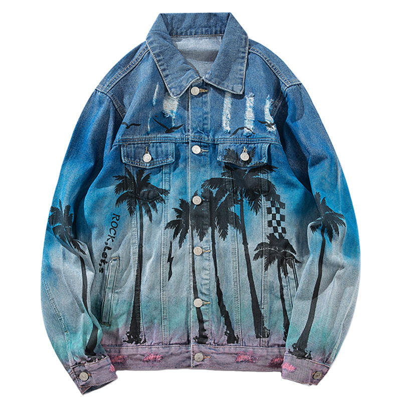 Januarysnow Vintage Denim Bomber Jacket Ripped Holes Sea Beach Coconut Tree Men Hip Hop Jeans Jacket Streetwear 2018 Distressed Denim Jacket