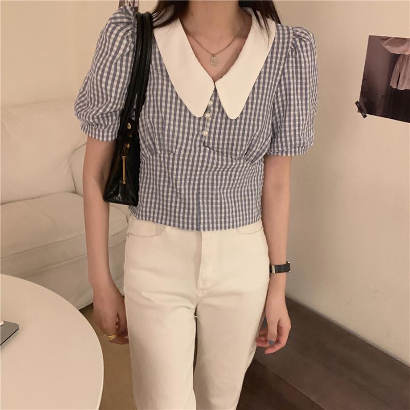 Women V-neck Plaid Shirt 2020 New Summer Korean Style Vinatge Women Blouses Short Tops Puff Sleeve Blouse Girls Blusas, Blue
Women V-neck Plaid Shirt 2020 New Summer Korean Style Vinatge Women Blouses Short Tops Puff Sleeve Blouse Girls Blusas, Blue