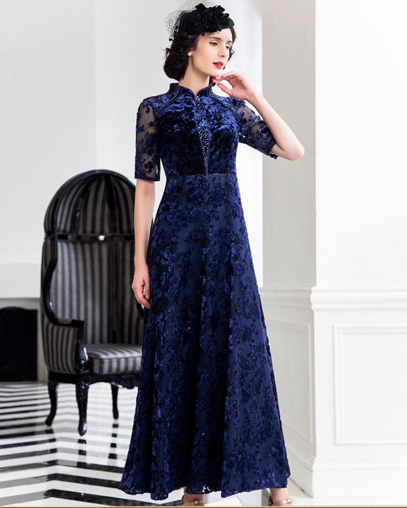 Vintage Mother of the Bride Dresses Royal Blue Lace Half Sleeve Appliques Evening Gowns with Sequins Beads Mothers Formal Dresses