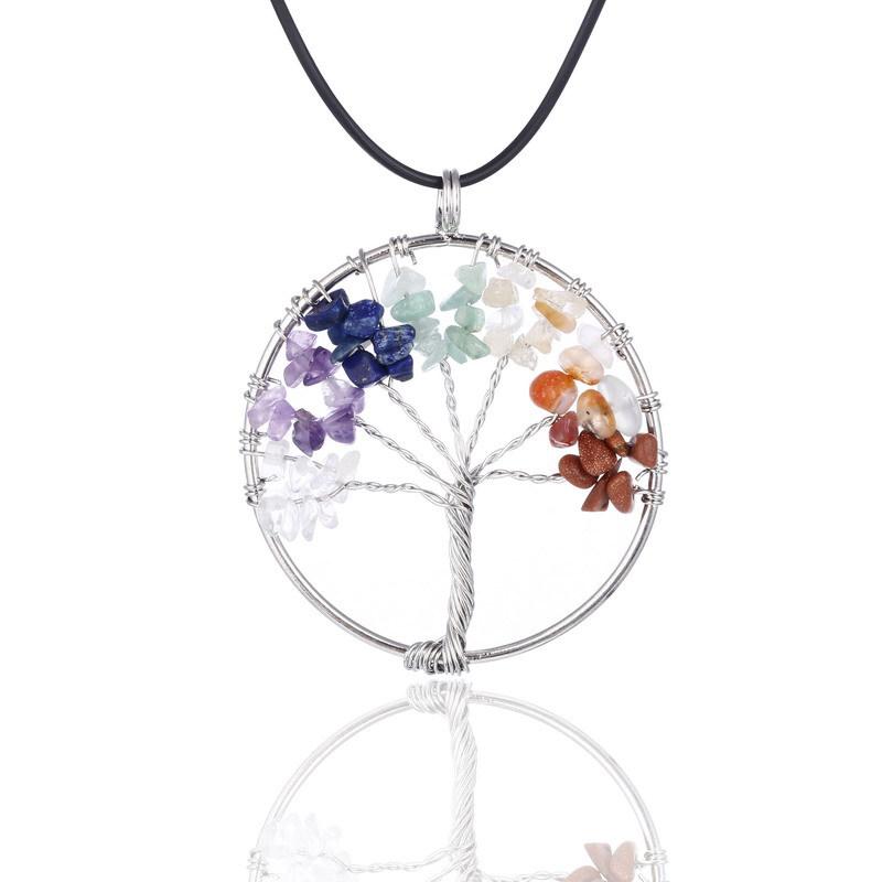 7 Chakra Tree Of Life necklaces Rainbow Natural Stone Quartz druzy Wisdom Tree pendant Black Rope String chains For women Jewelry Gift